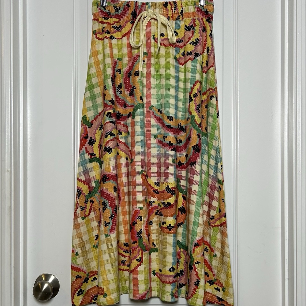 FARM Rio Multicolor Banana Vichy Checkered Gingham Print Drawstring Maxi Skirt